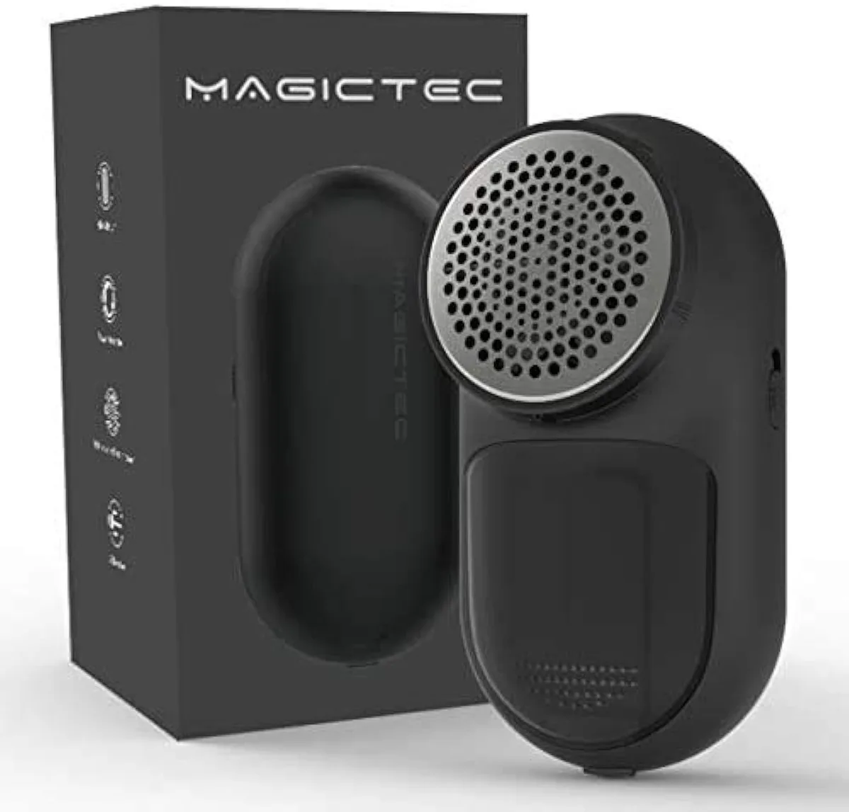 Black handheld fabric shaver with mesh head and three visible blades
