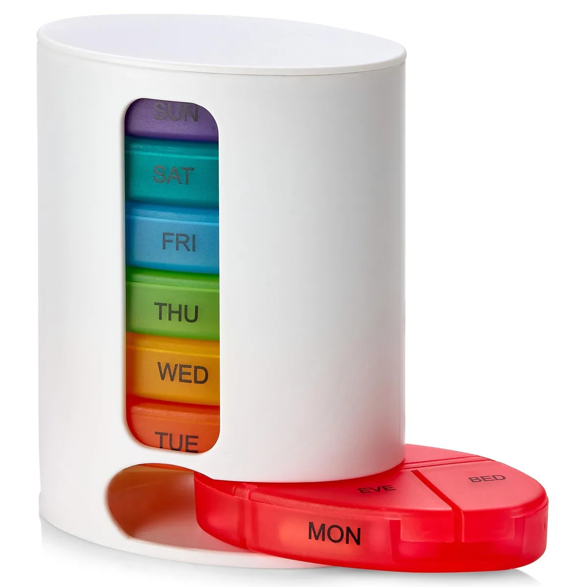 White tower pill organiser with seven stackable trays each divided into four labelled compartments