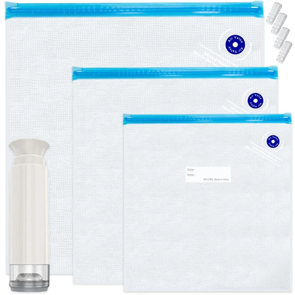  YIMIKE Sous Vide Bags 20pcs Kit 15 Mixed Sizes BPA Free Zipper Bags Hand Pump 4 Sealing Clips — product photo