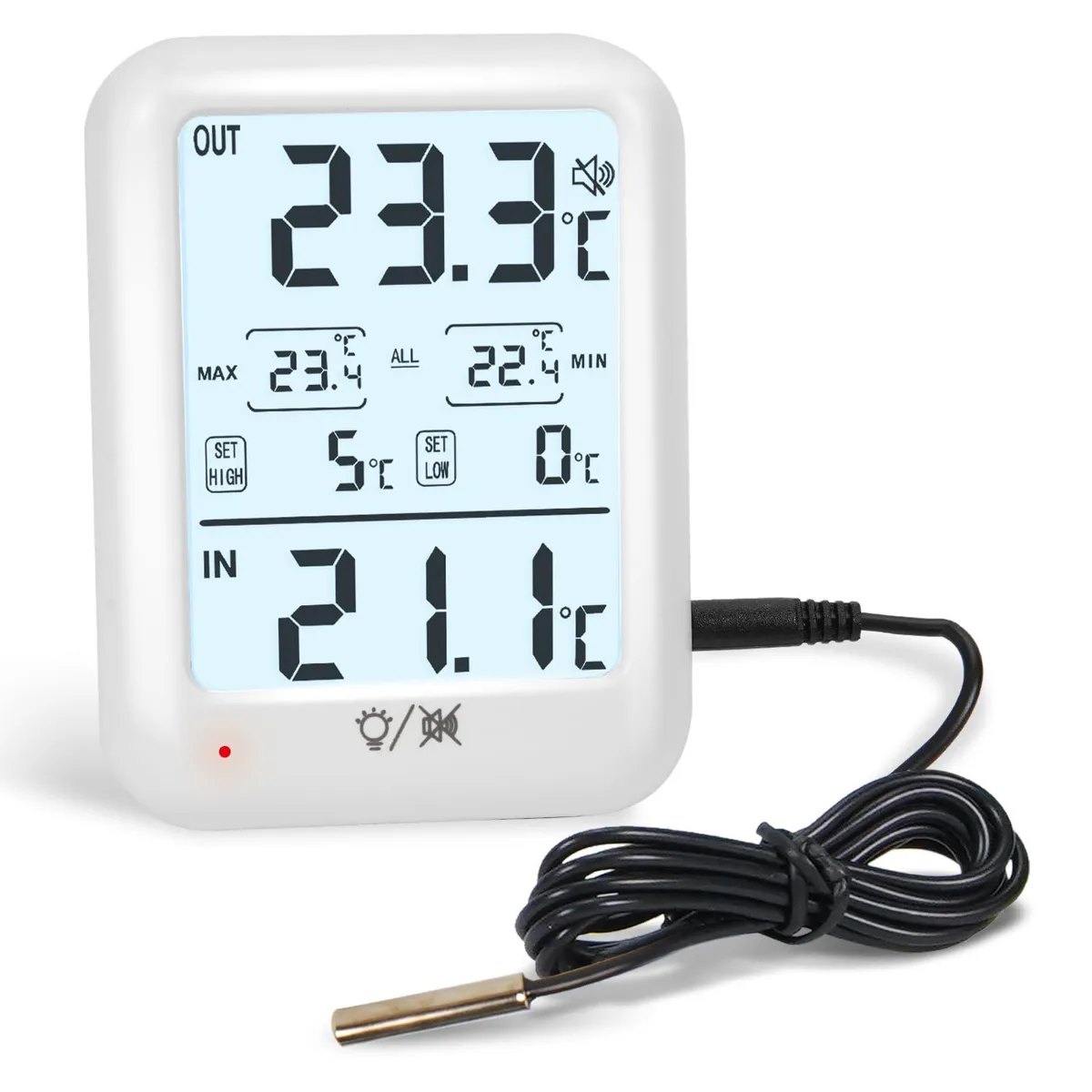 White digital thermometer with external sensor cable and magnet mount