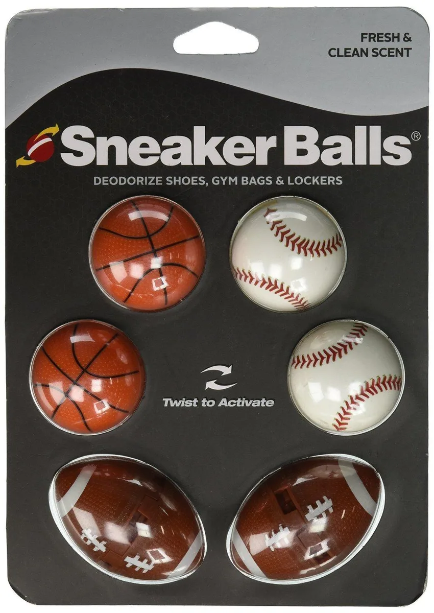 Six yellow spherical shoe deodorisers in a pack
