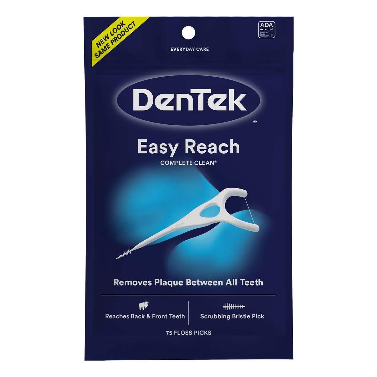 White rectangular package with blue lettering showing 75 mint floss picks with flexible bristles and tongue scraper