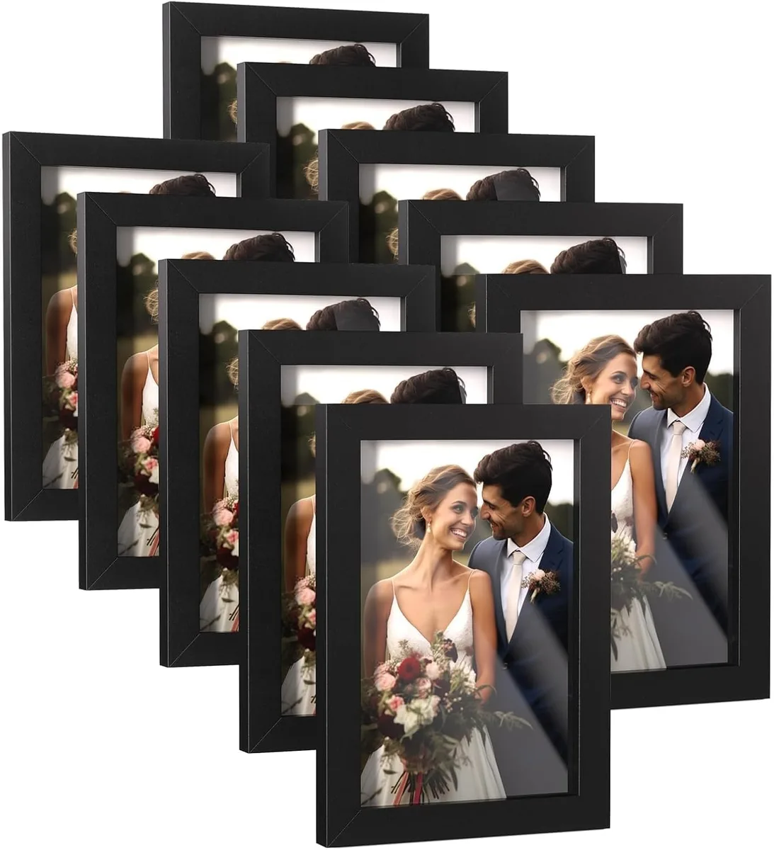 Ten black wooden frames with stands and hooks, matte finish, 4x6 inch size