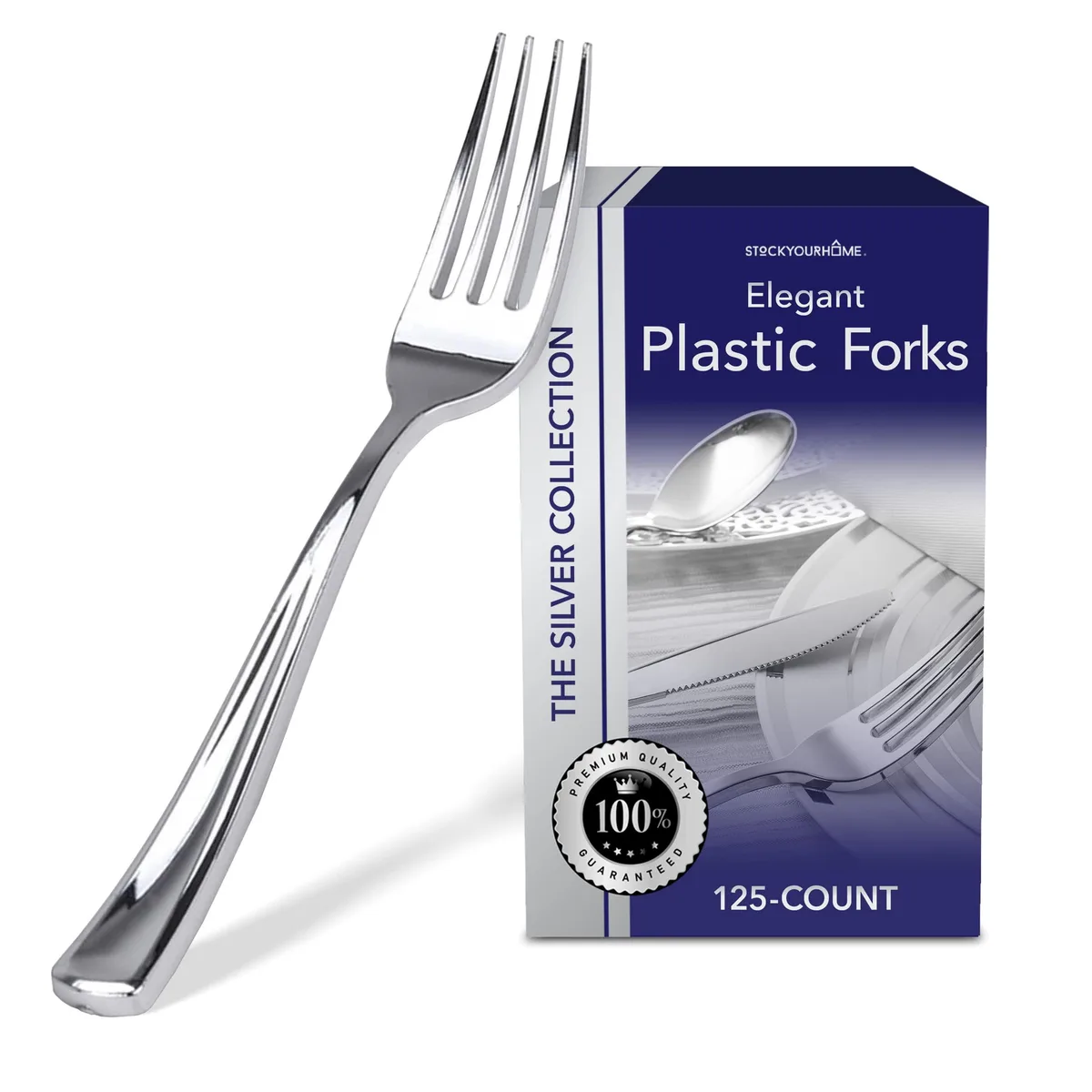 Box of 125 silver plastic forks with polished chrome finish