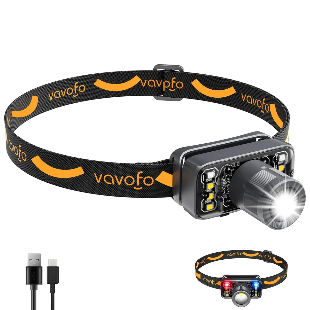 Black VAVOFO KM-2922 headlamp with zoomable lens, adjustable tilt, silicone-padded bracket and elastic headband