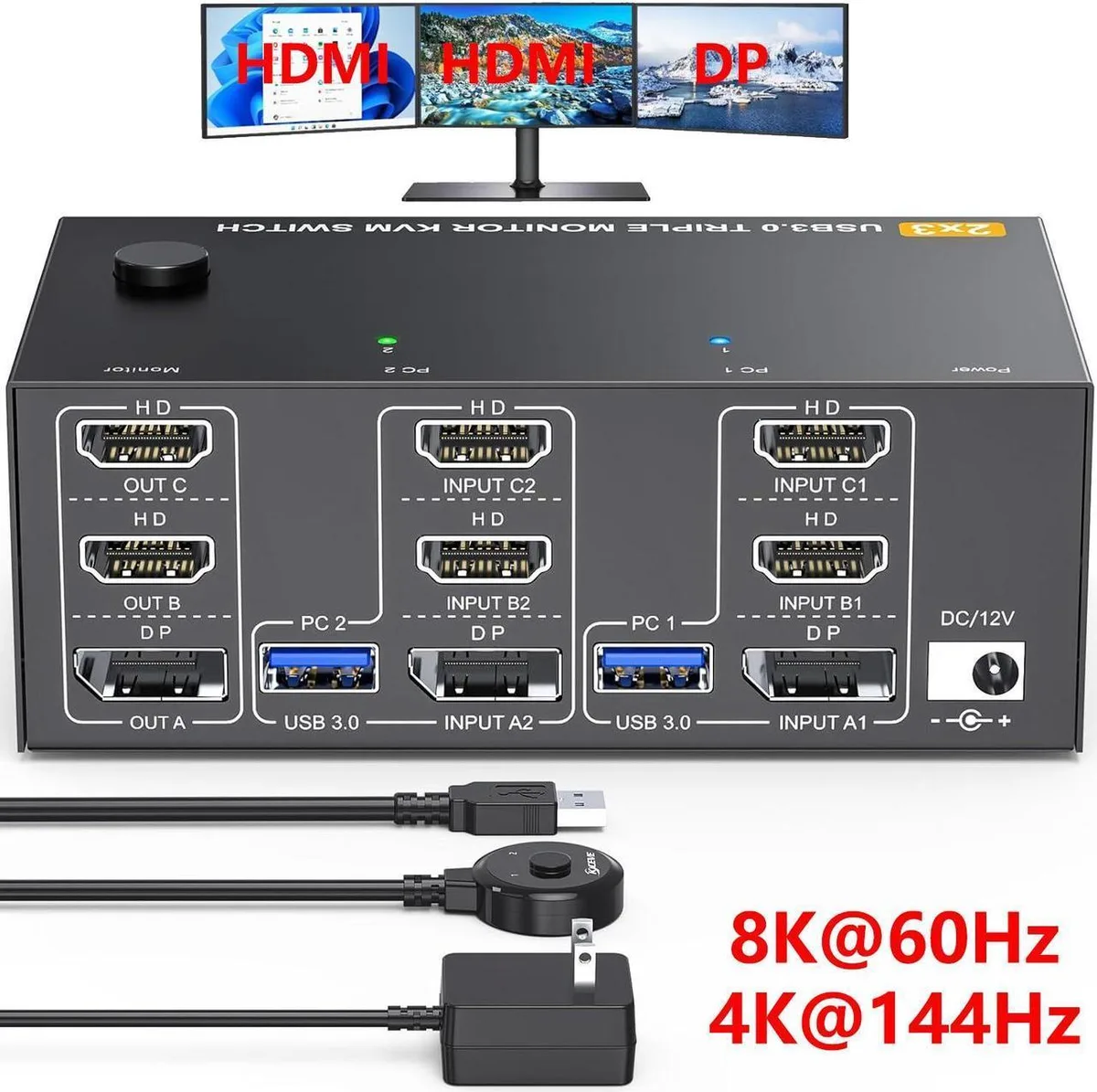 Vszerda Vszerda 2-PC 3-Monitor KVM Switch 8K@60Hz/4K@144Hz 2 HDMI 1 DP USB 3.0 Wired Remote — product photo
