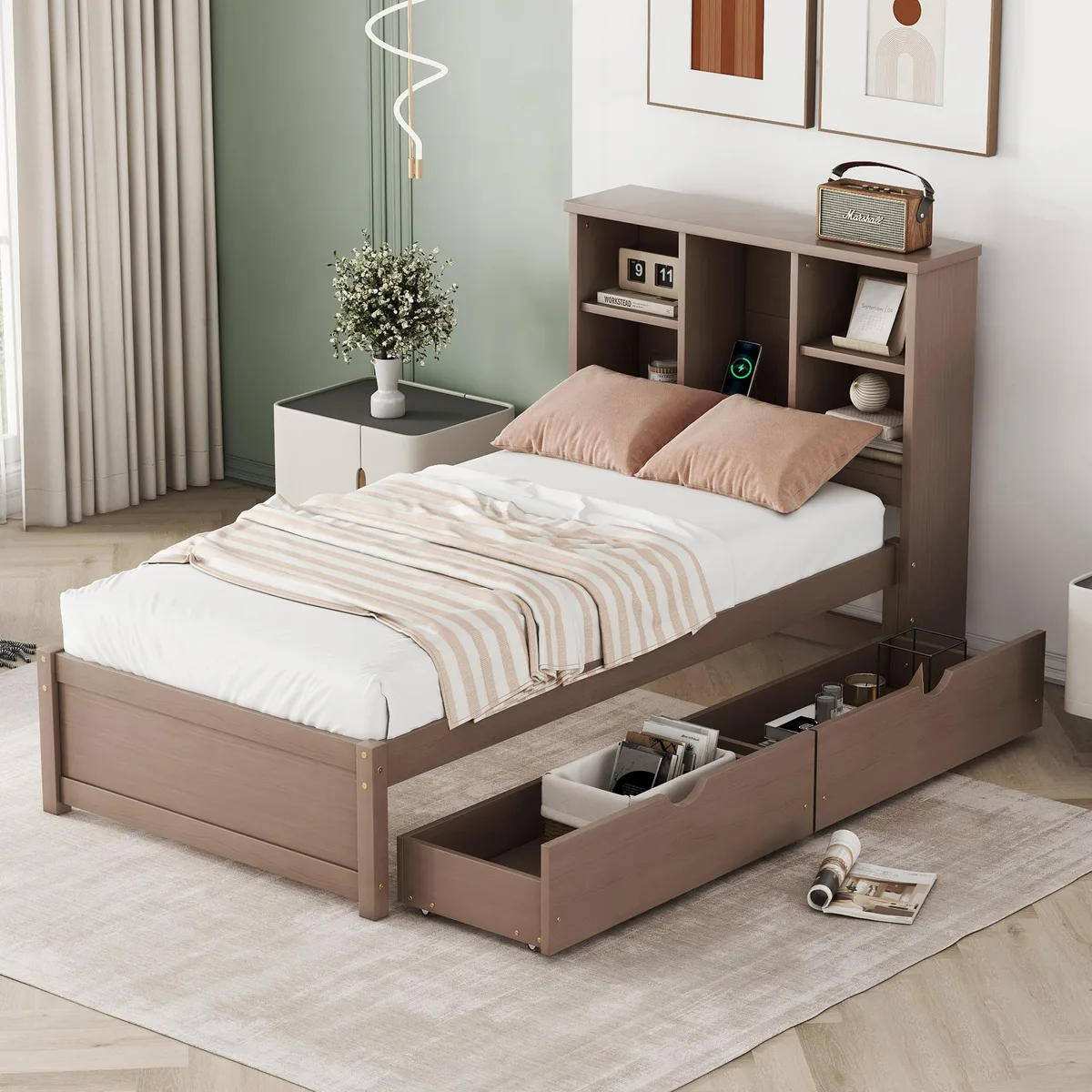Twin bed frame walnut finish bookcase headboard USB port two drawers