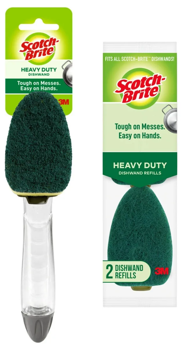 Blue plastic wand with green scrubbing head and two refill pads