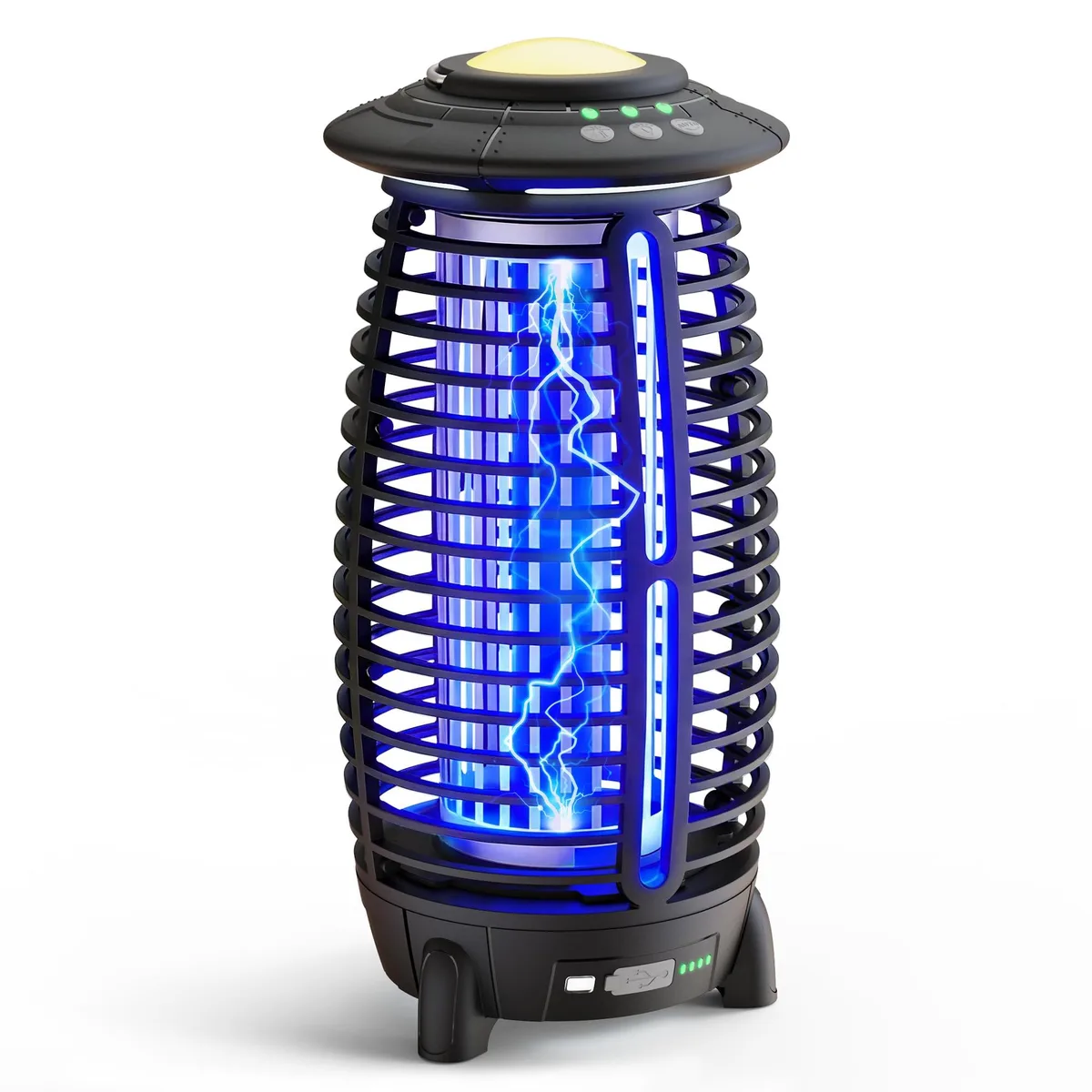 Cordless bug zapper with cylindrical body and top carry handle