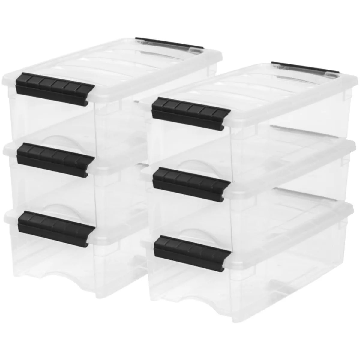 Six clear plastic bins with locking lids and pull handles, nested together