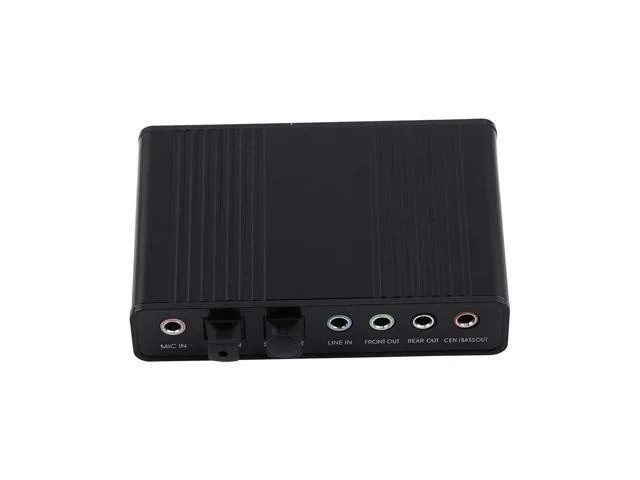 Small black rectangular USB sound card with multiple audio ports