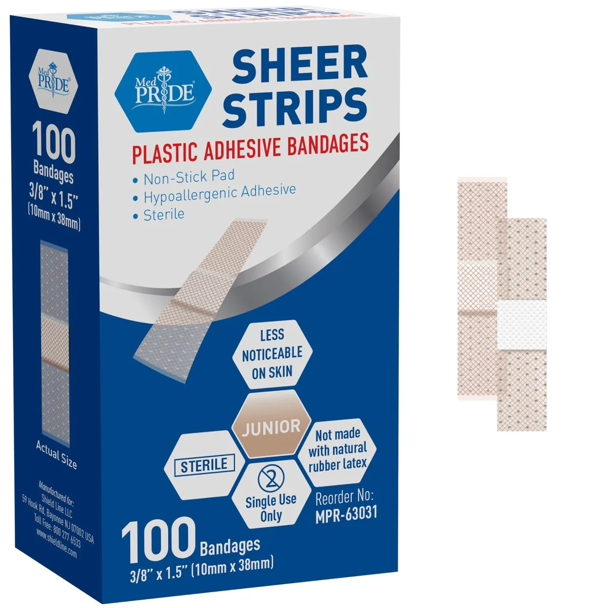 Cardboard box containing one hundred small sheer plastic strip bandages each three-eighths by one and a half inches