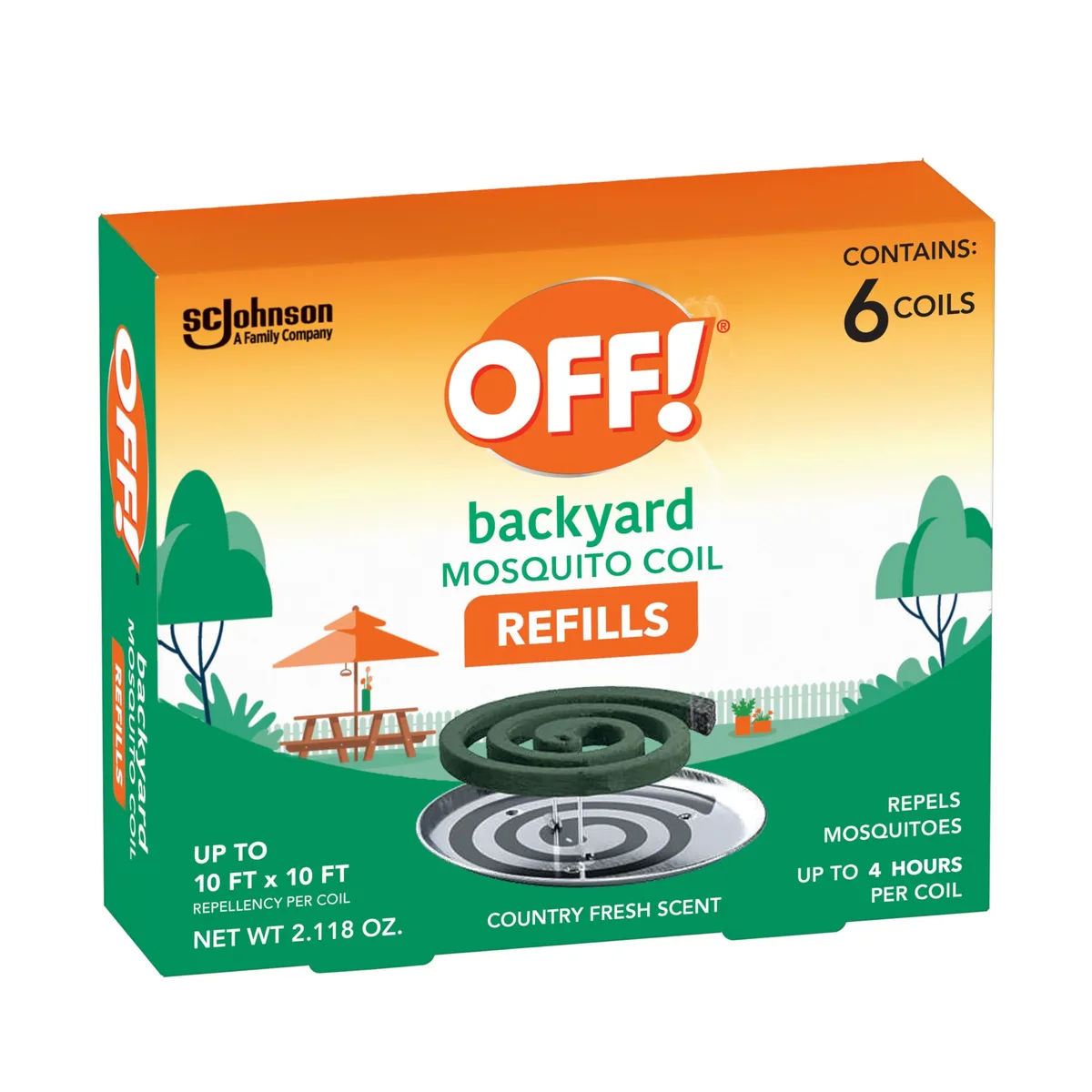 Cardboard box holding six spiral mosquito coils in Country Fresh scent