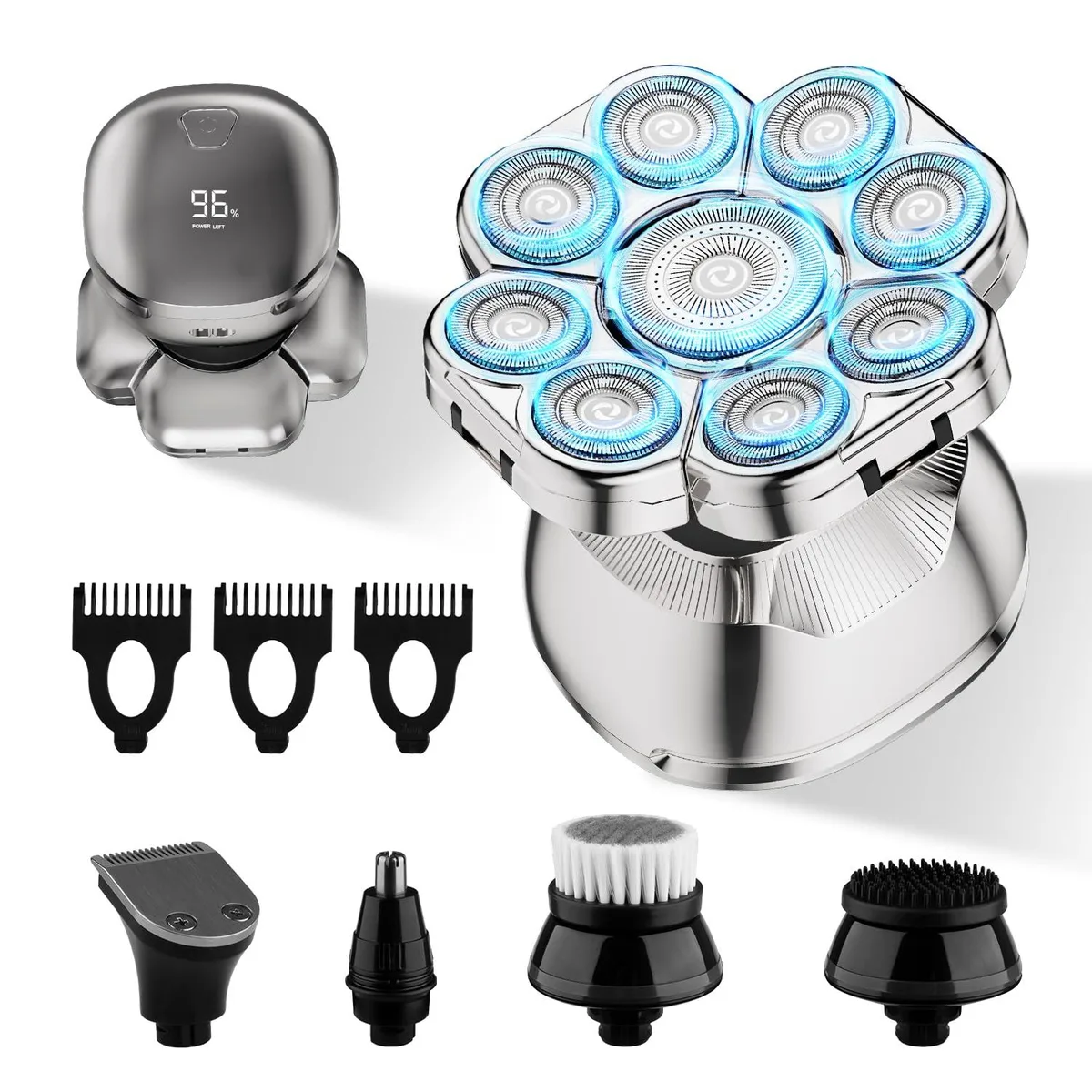 Silver rotary shaver with nine floating heads and LED display