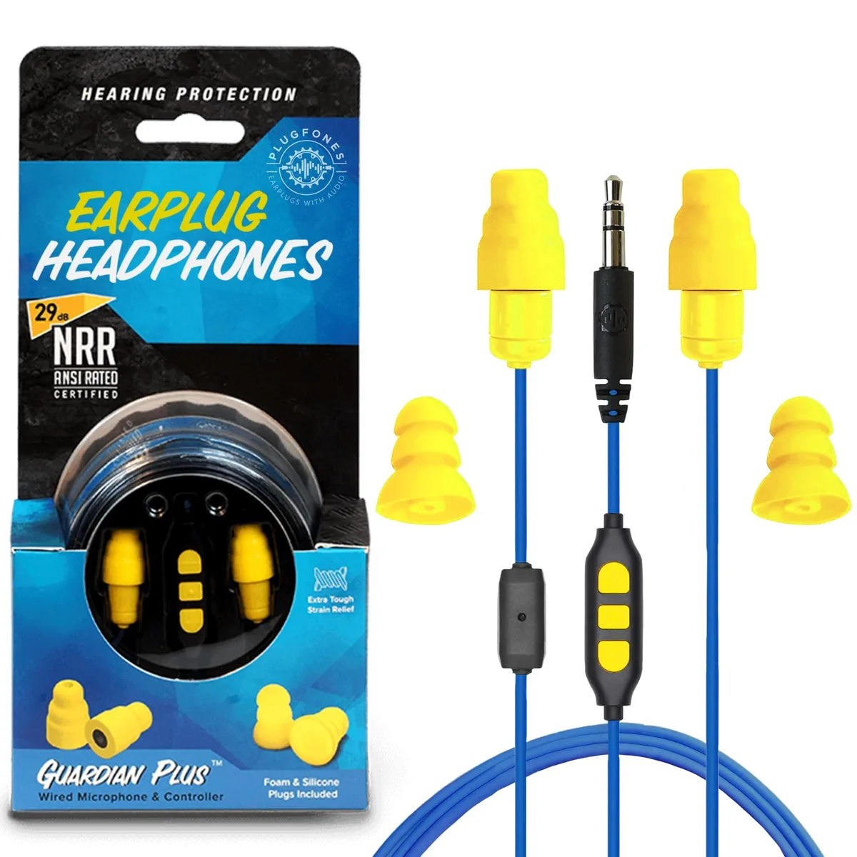 Yellow and blue in-ear earbuds with foam and silicone tips, inline controls and a 3.5mm plug
