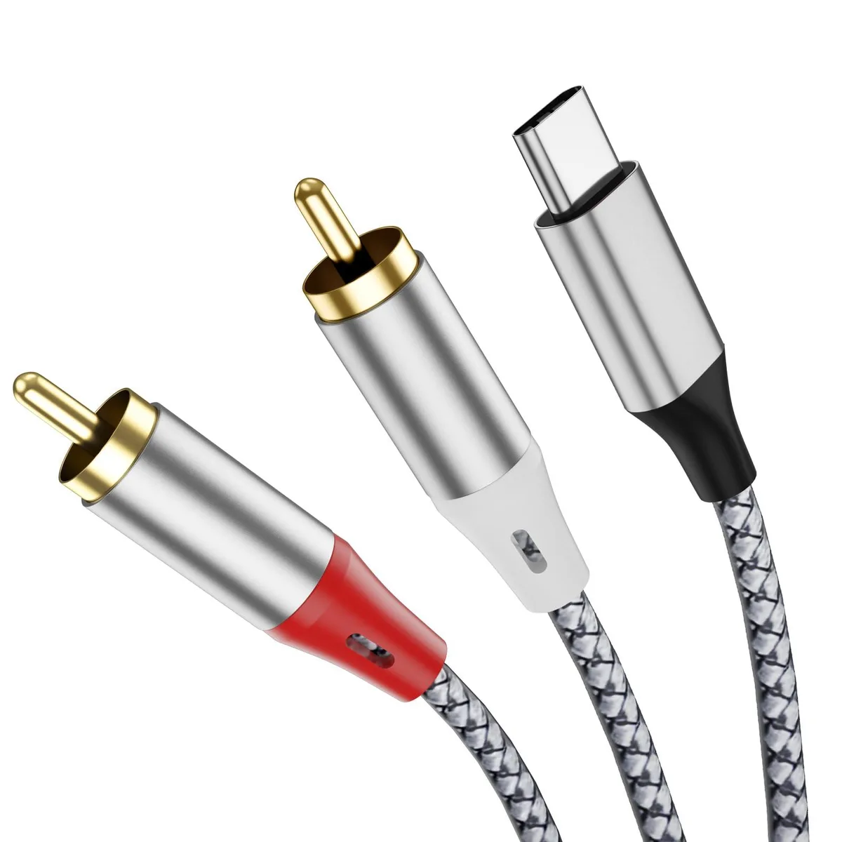 RCA USB-C to dual RCA stereo audio cable, braided nylon jacket, metal plugs, one metre