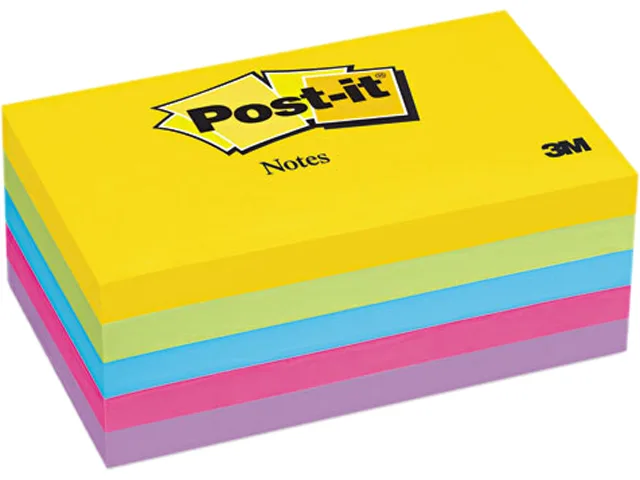 Five pads of square yellow sticky notes in a clear wrapper
