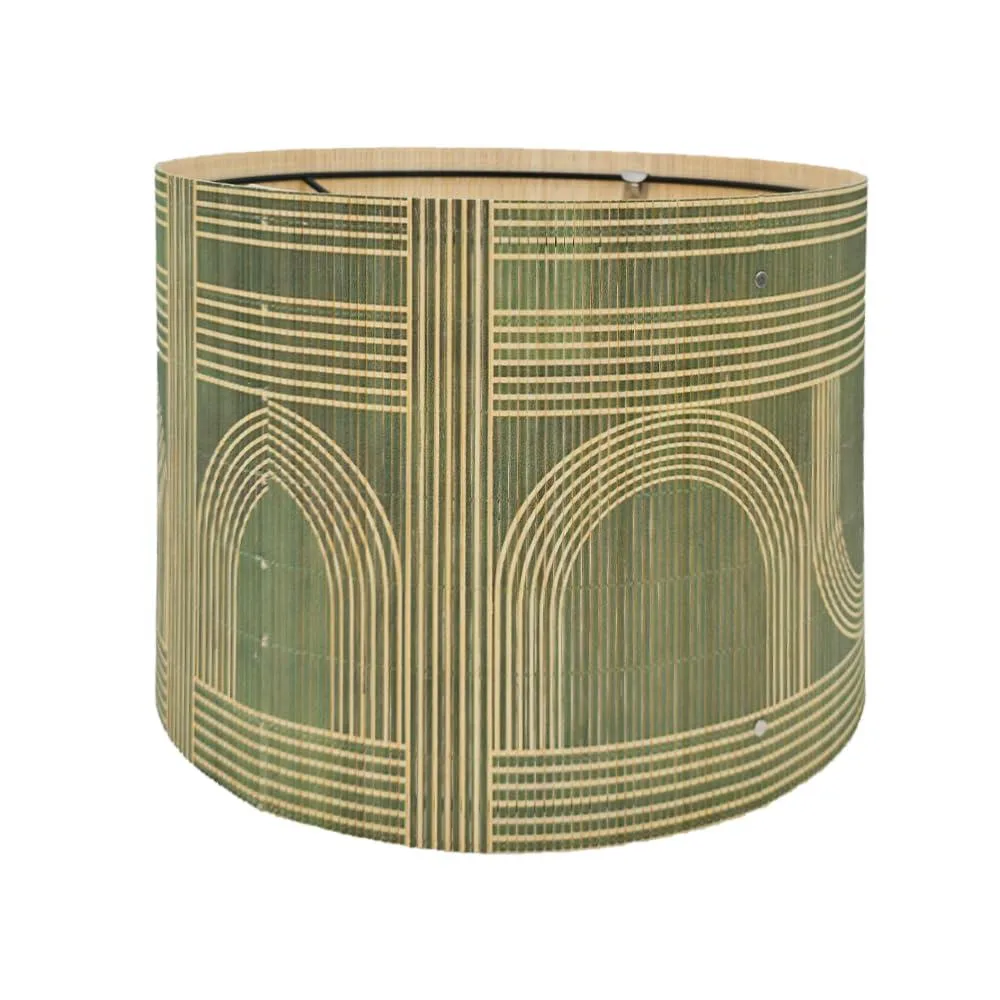 Green cylindrical bamboo shade with geometric pattern, 11.8 inches wide by 9.05 inches high, glossy finish