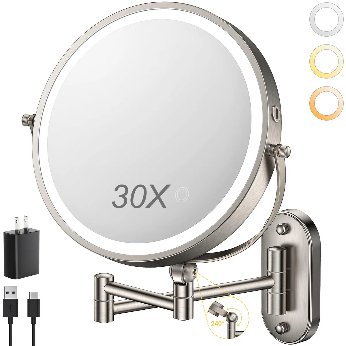 ZLOKLA 30X 9" Wall Mounted Lighted Makeup Mirror 4000mAh 1X/30X Magnification 360° Rotation 18.5"L x 13.5"W — product photo