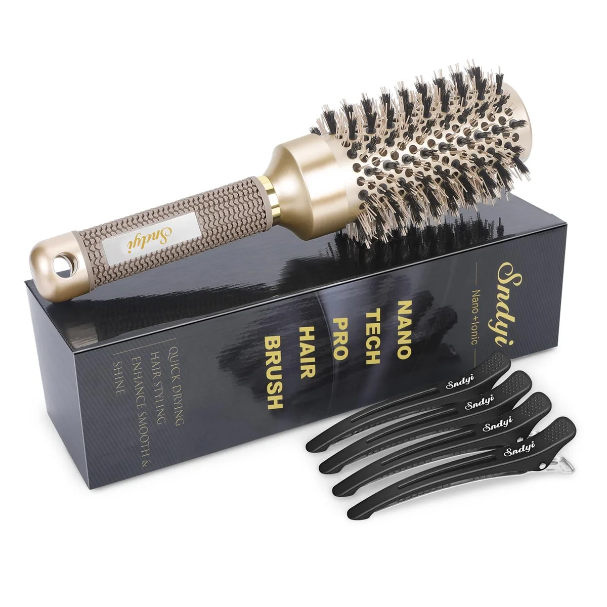 A 1.7 inch ceramic barrel round brush with boar and nylon bristles, rubber grip handle, four black sectioning clips included
