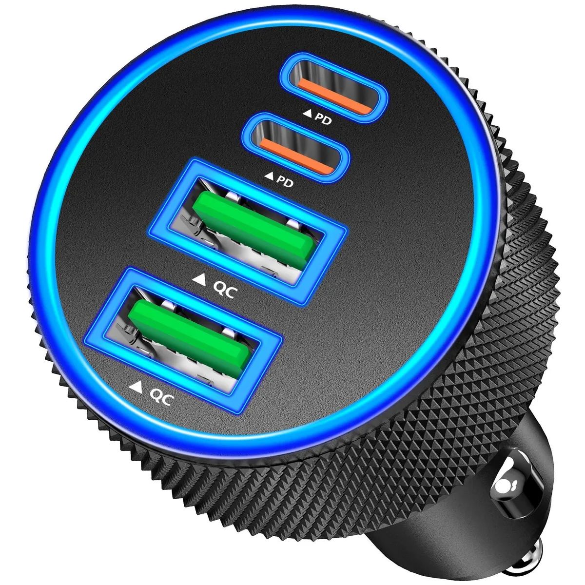 Black four-port car charger with two USB-C and two USB-A sockets, cigarette lighter plug