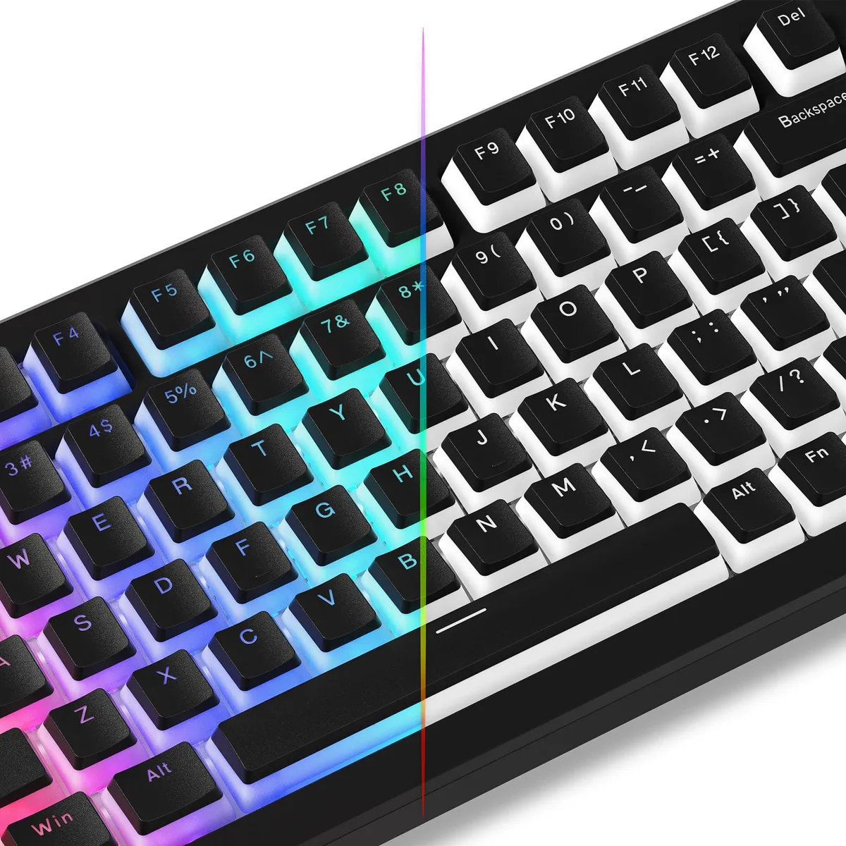 Black double-shot PBT pudding keycaps in 130-key set with translucent lower walls for shine-through legends