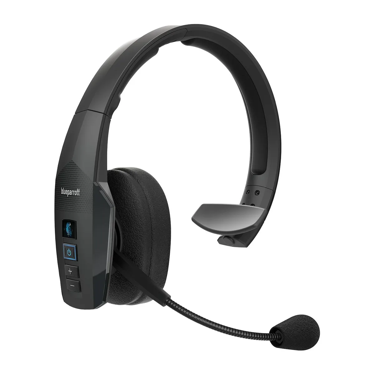 Black over-ear Bluetooth headset with boom mic and USB-C charging