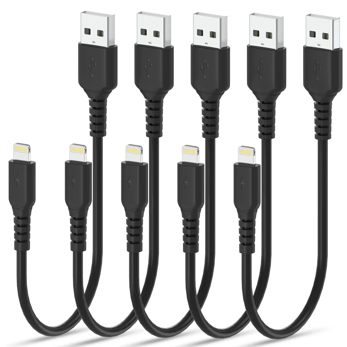 Five black 1ft USB-A to Lightning cables coiled together