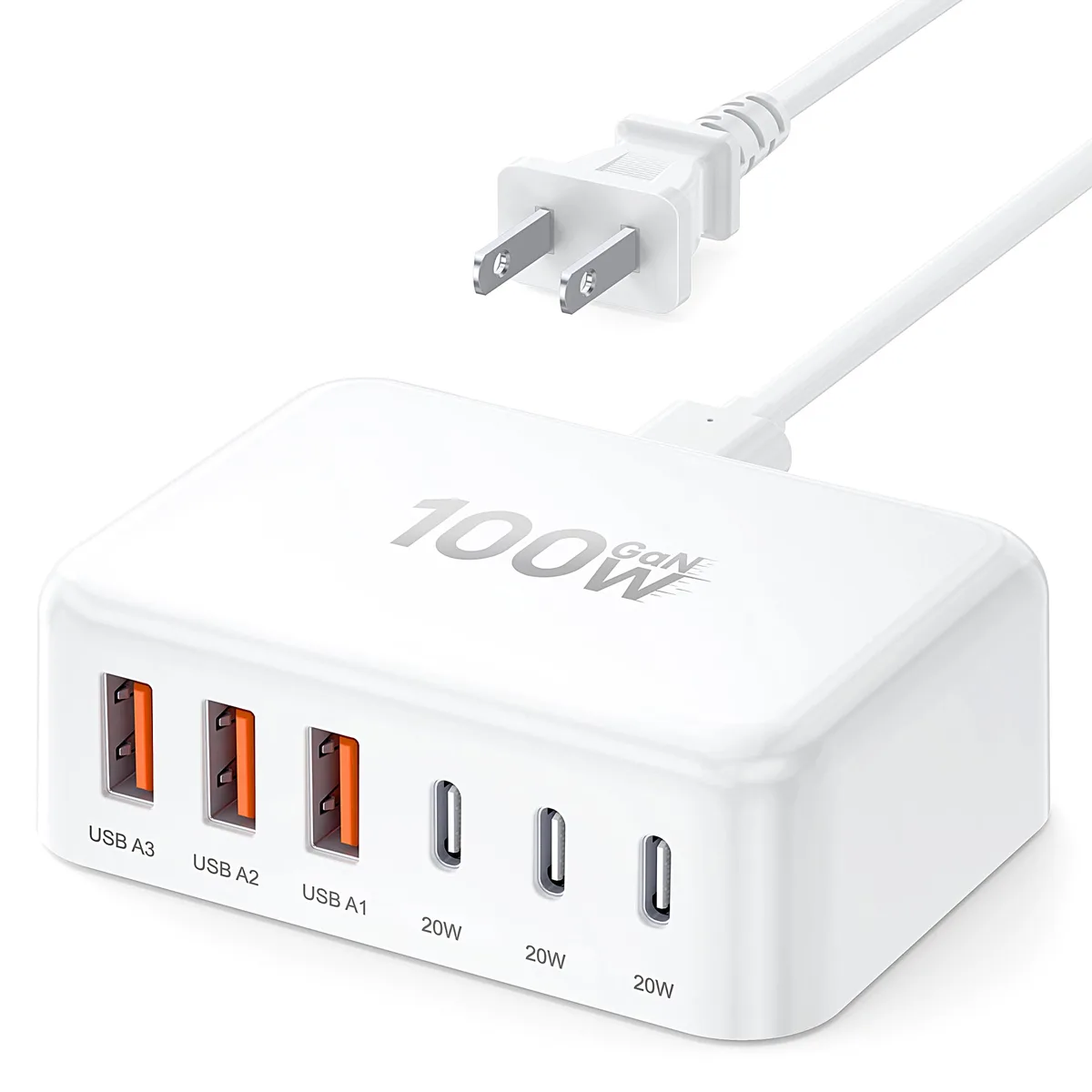  BREEKET HNT-PC606 100W 6-Port GaN USB Charger A-White 5ft Cord — product photo