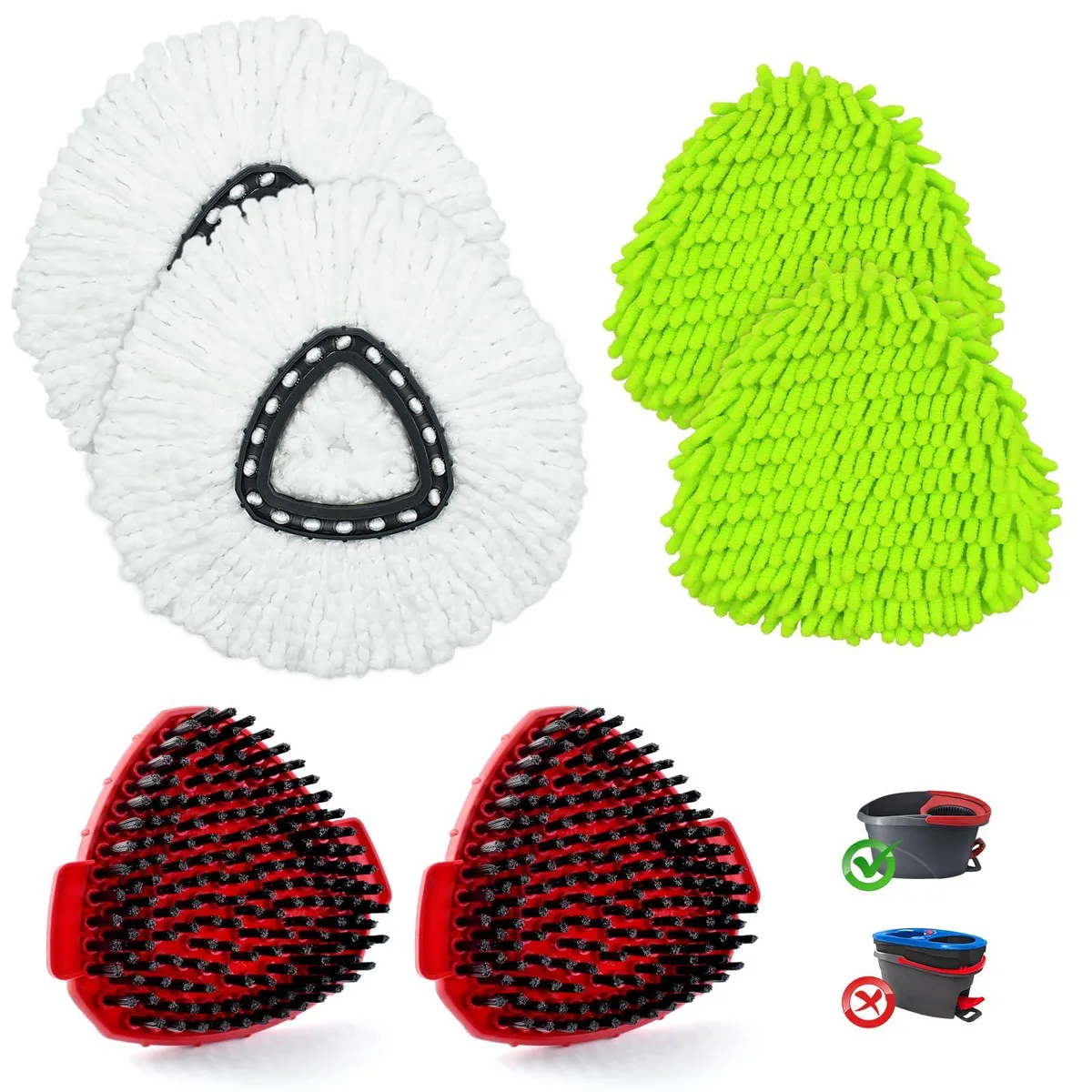 Four green microfiber spin mop heads and two scrubber heads in a pack