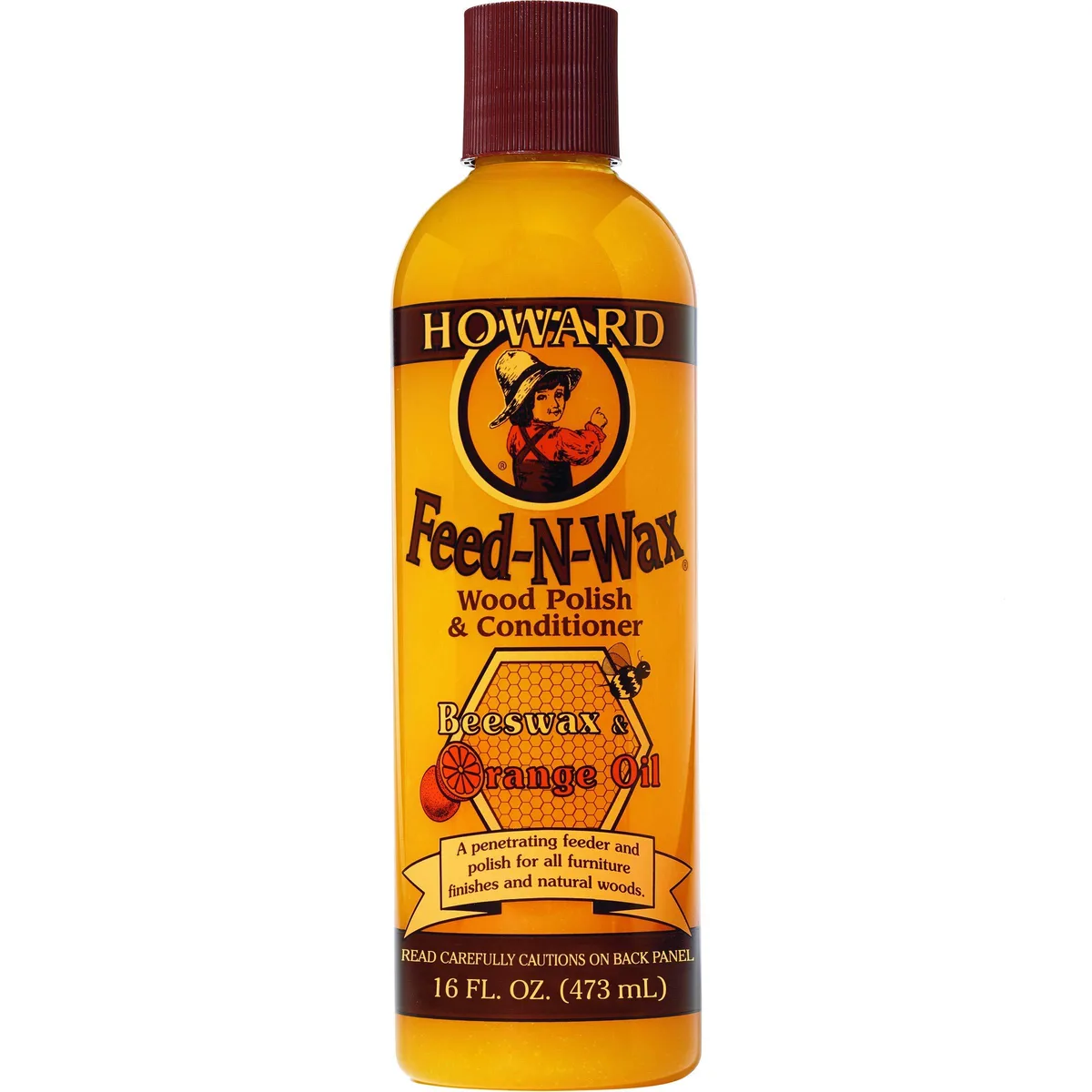 Orange 16 oz liquid wood polish in tall cylindrical bottle