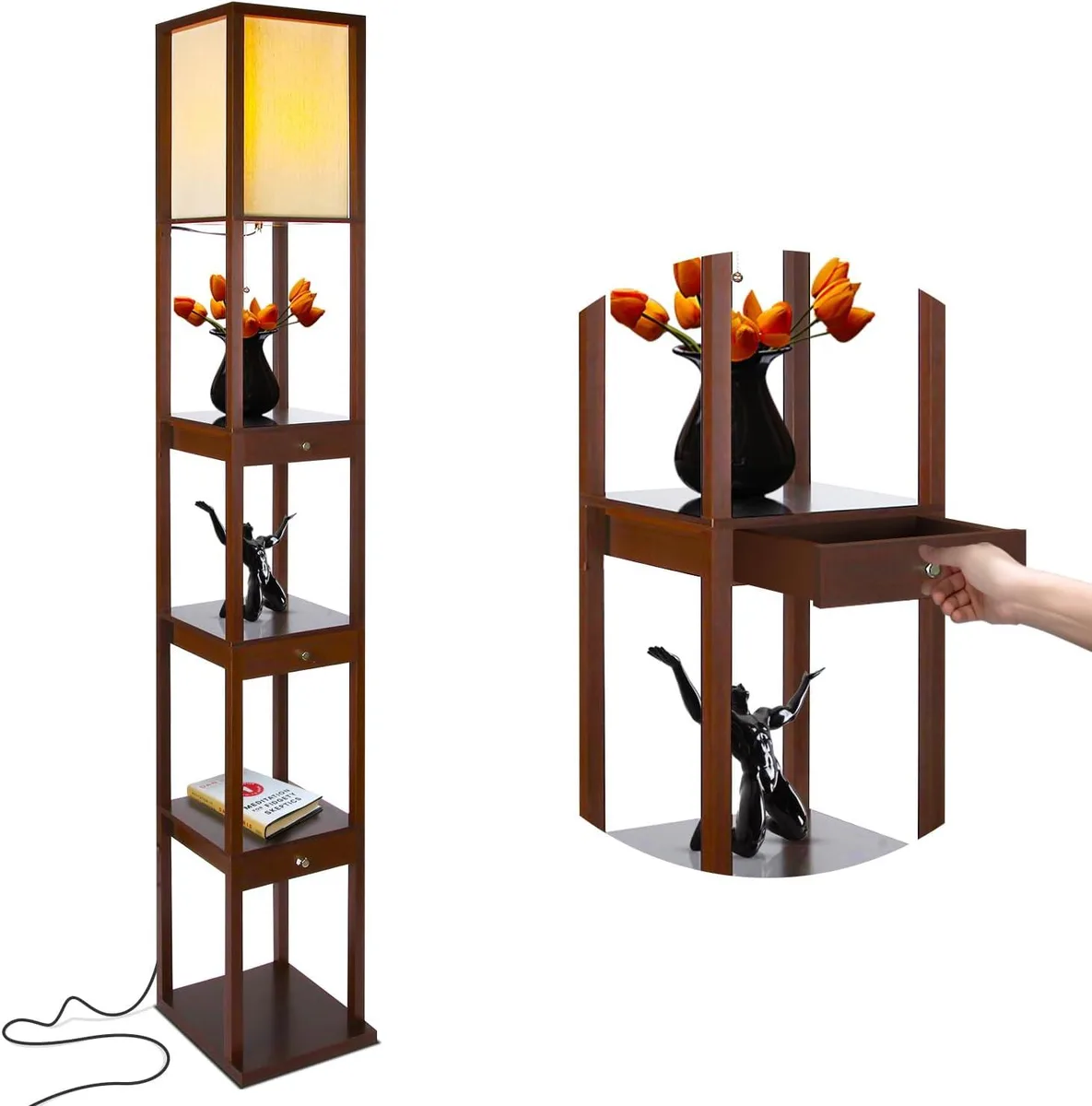 Tall Havana Brown floor lamp with four shelves and a drawer, off-white fabric shade