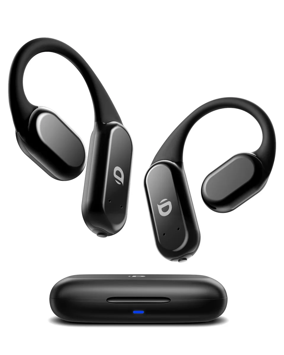 White open-ear bone conduction earbuds with flexible ear hooks and wireless charging case
