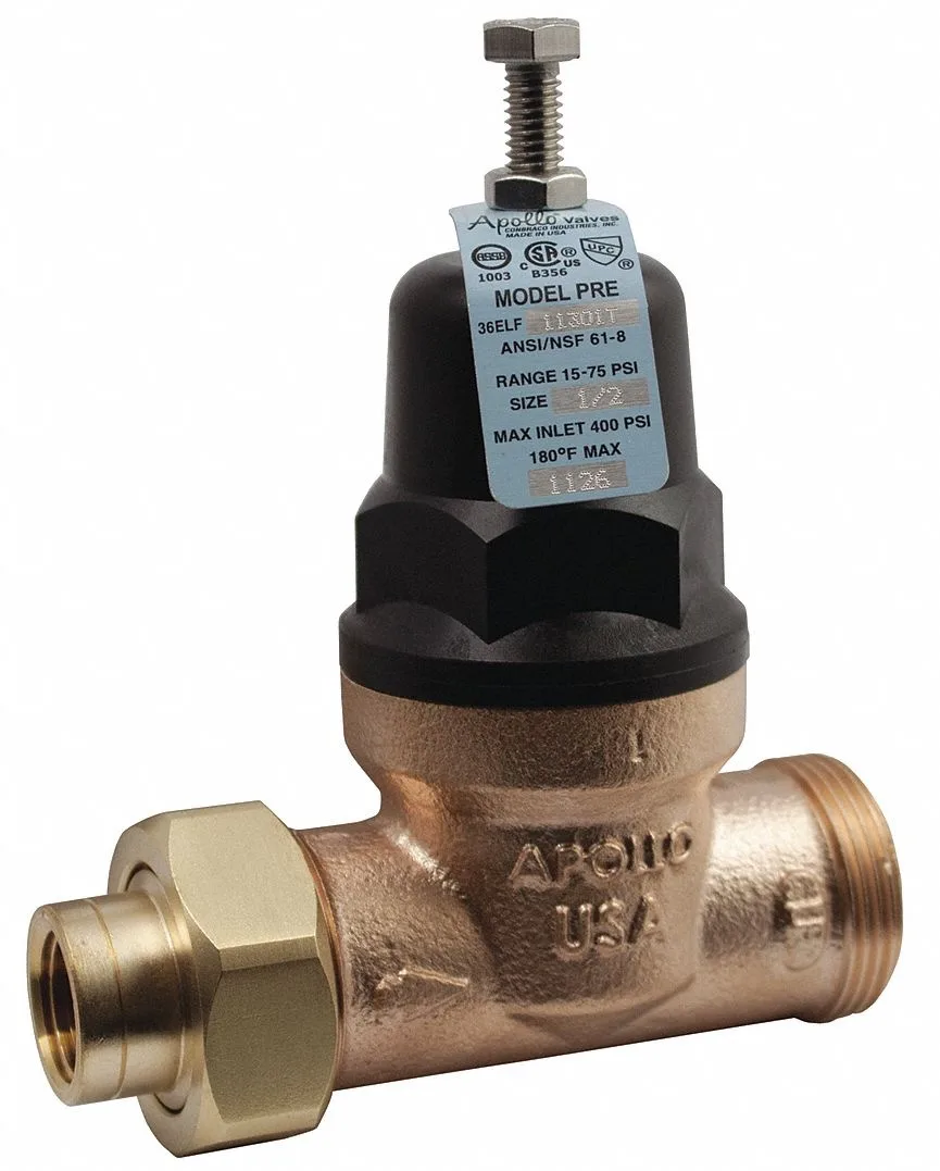 Bronze water pressure reducing valve with single union NPT connections, 1/2 inch, adjustable 15-75 psi