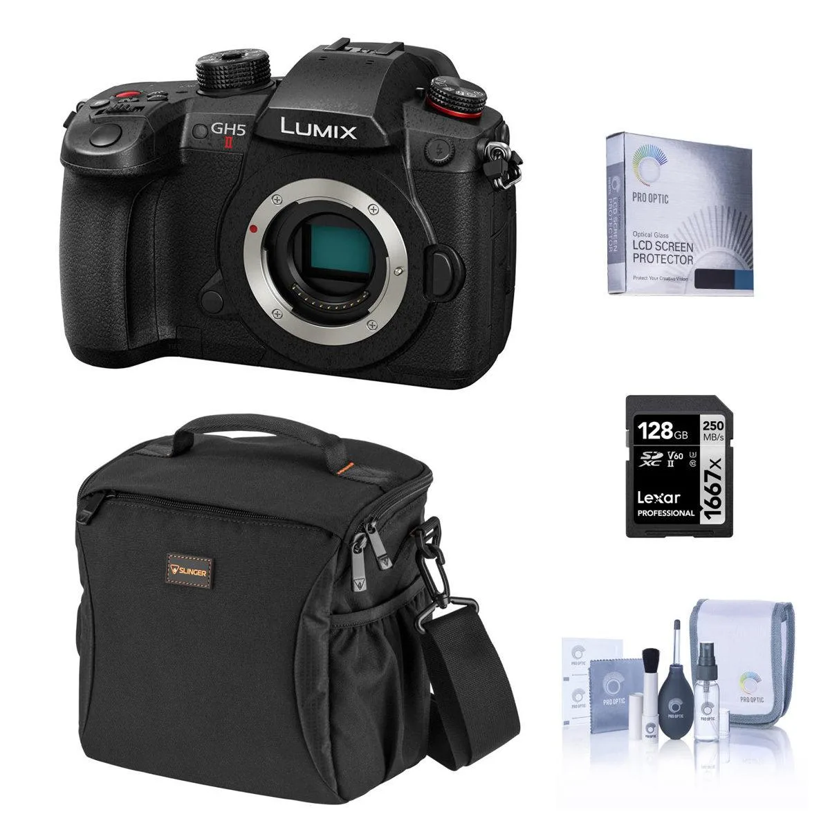 Panasonic LUMIX GH5II mirrorless camera body with accessories