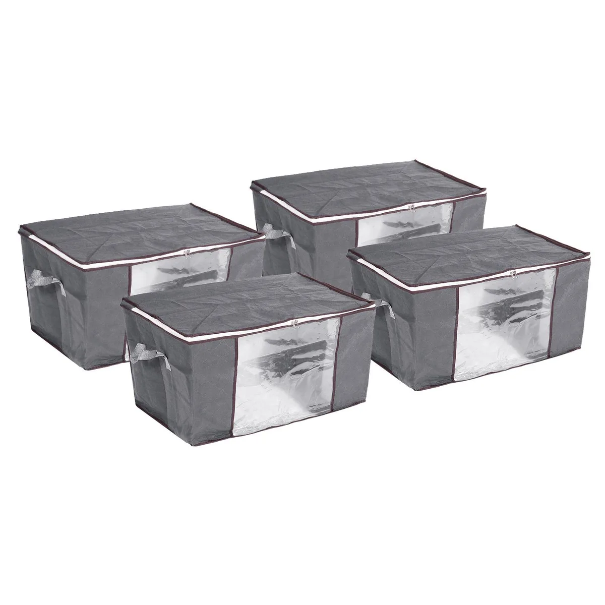 Four grey rectangular fabric storage boxes with clear front windows and reinforced handles, folded flat
