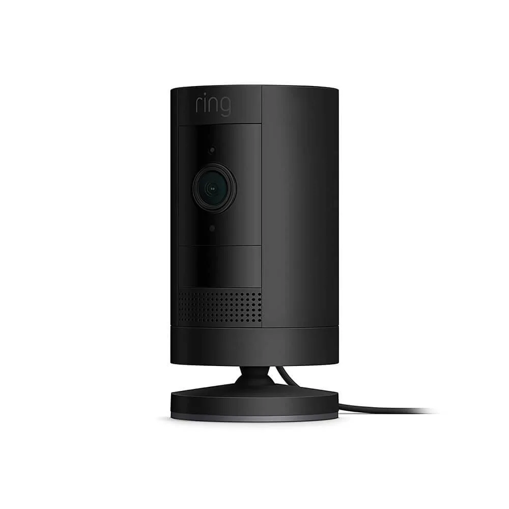 Black cylindrical indoor/outdoor security camera with flat base and wall-mount option