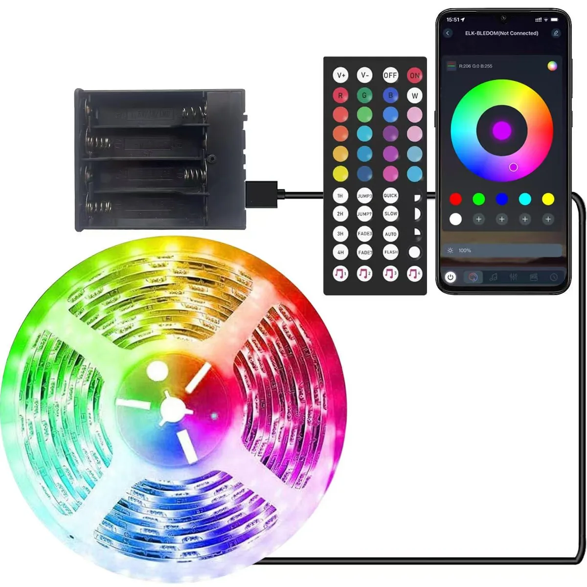 White flexible LED strip light on reel with battery box and remote control, 26ft length