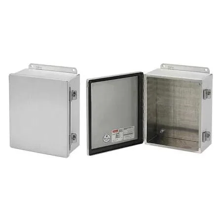 Brushed gray aluminum electrical enclosure with clamps
