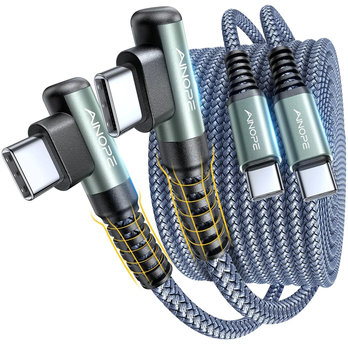 Two grey braided USB-C cables with right-angle connectors, 6.6 ft each