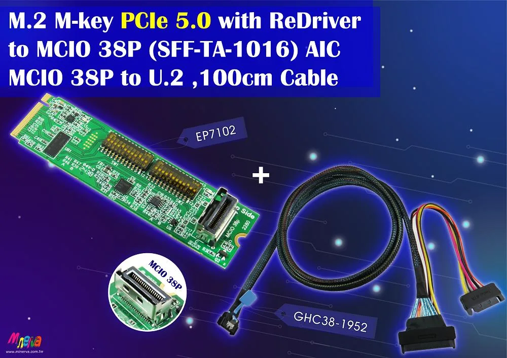 Innocard Innocard EP7102 M.2 PCIe 5.0 ReDriver to MCIO 38P + U.2 Cable 100cm — product photo