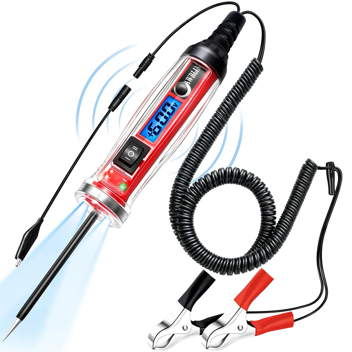 Handheld automotive circuit tester with LCD screen, probe tip and alligator clips
