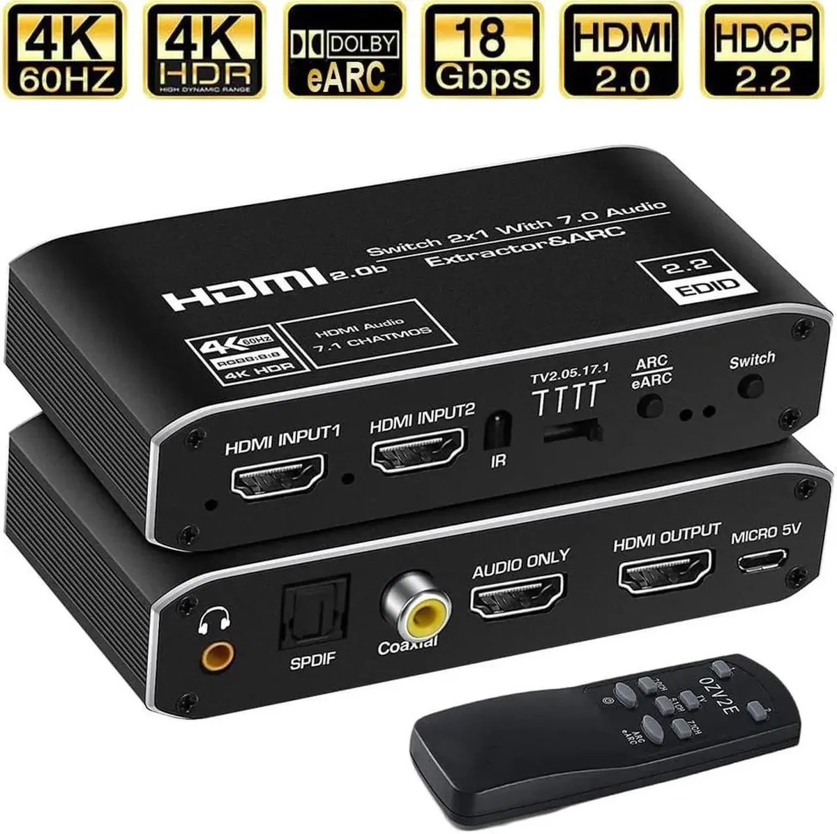 Vszerda Vszerda 2x1 HDMI Switch Audio Extractor 4K 60Hz 10bit HDR ARC eARC Optical Coaxial 3.5mm IR Remote — product photo