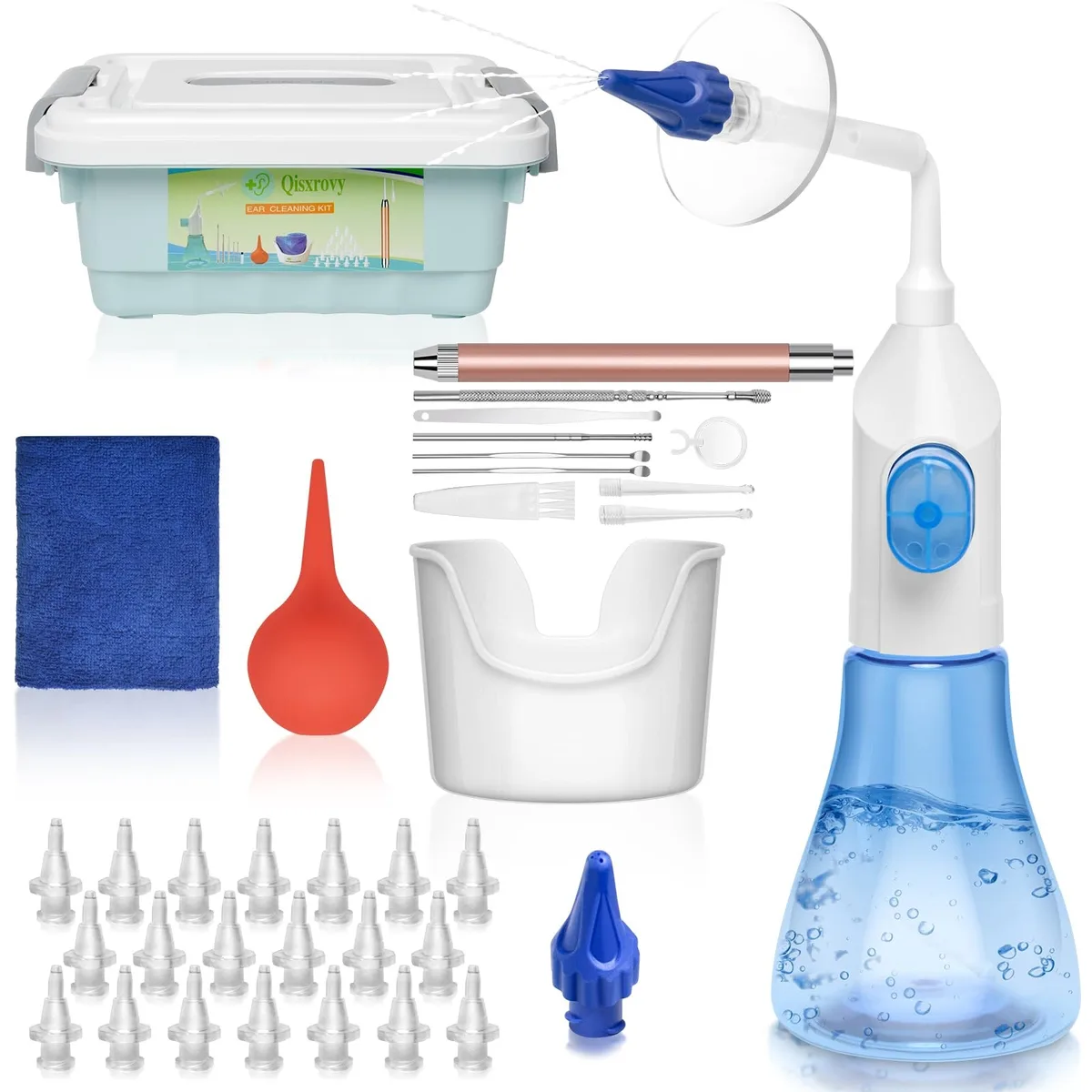 Blue ear irrigation kit with spray bottle, basin, LED ear pen and 19 disposable tips