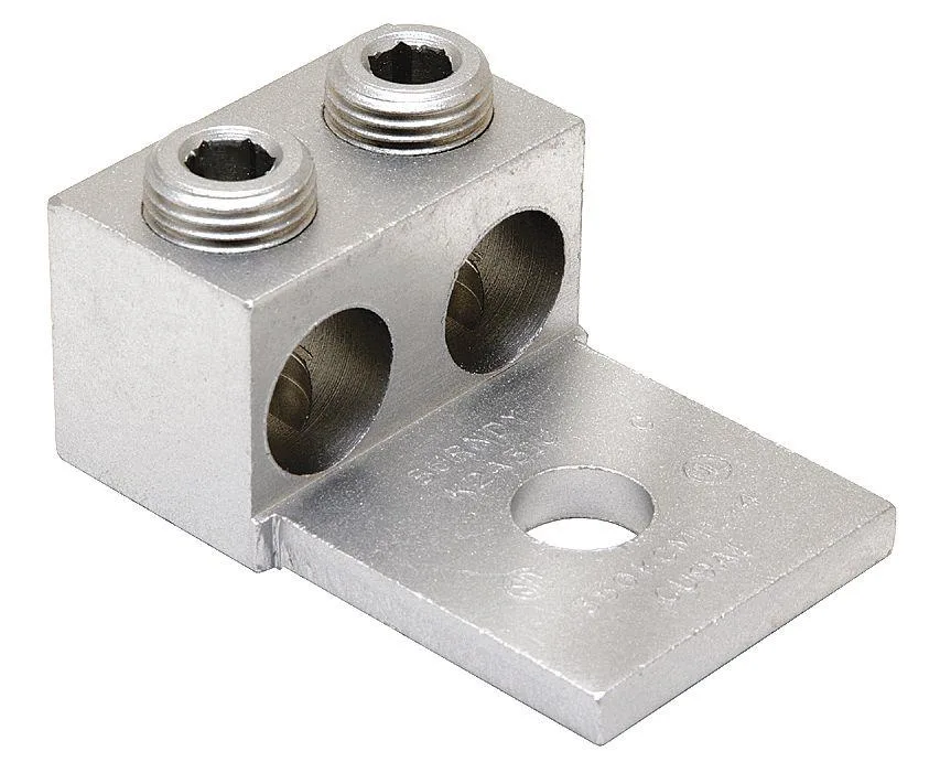 Aluminium two-conductor lug, slotted head, single 0.53 in hole, 3.2 in overall length