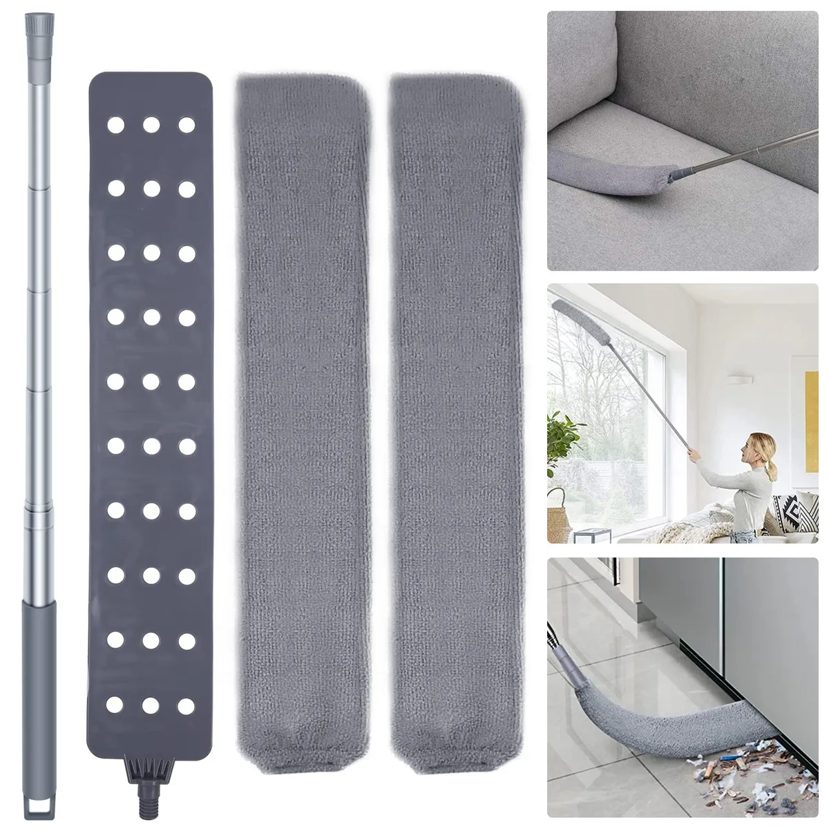 White retractable gap duster with two microfiber cloths, extendable pole 31 to 61 inches