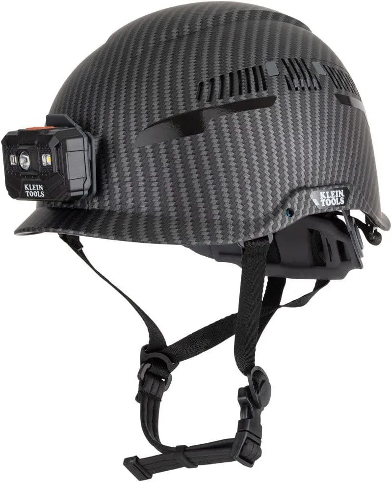 Klein Tools vented Class C safety helmet with KARBN pattern and rechargeable headlamp