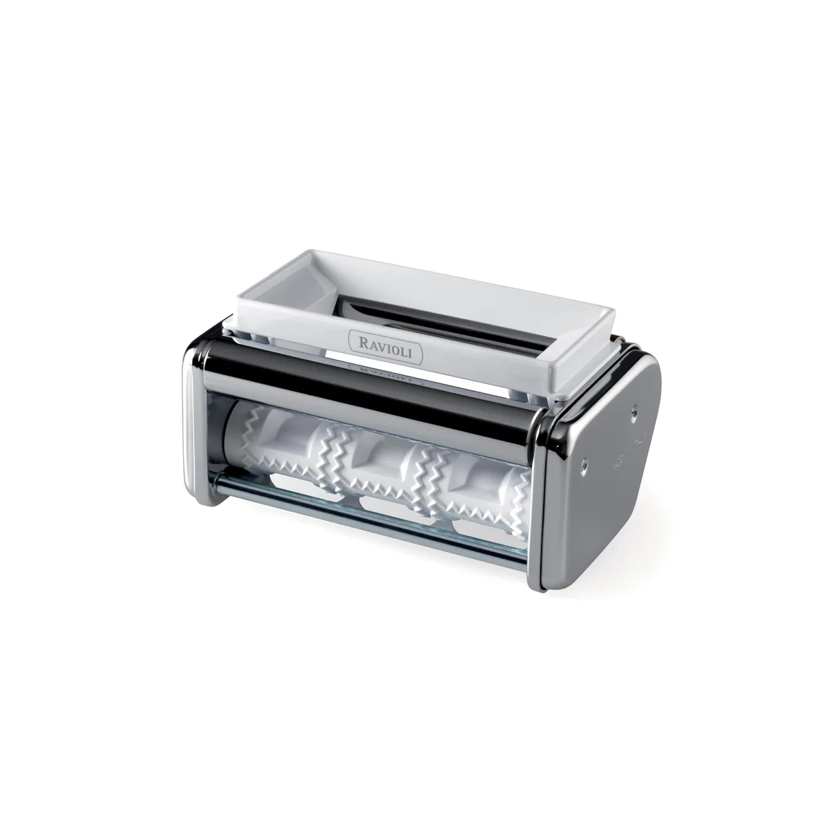 Stainless steel ravioli cutter attachment with rollers and cutting wheels