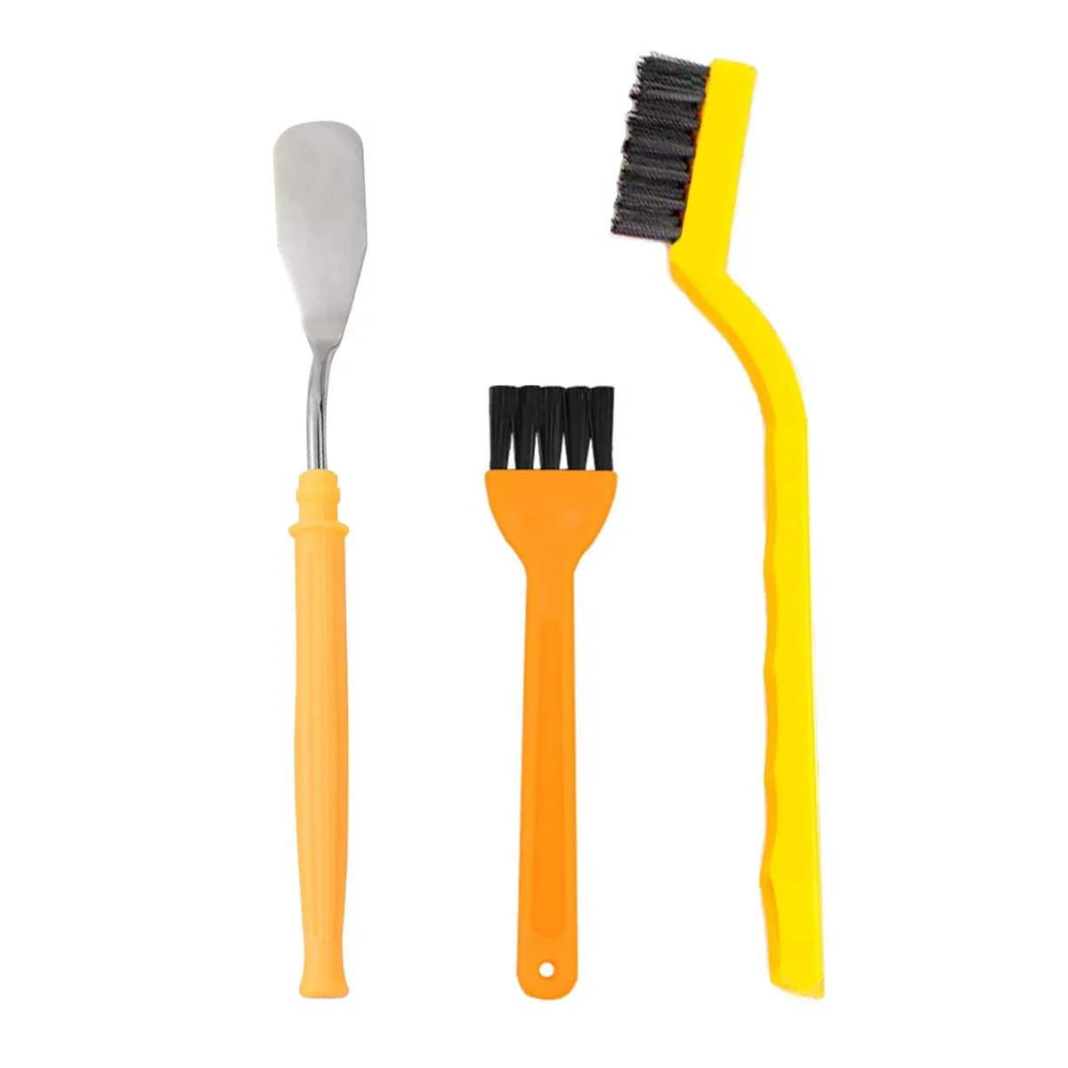 Yellow garlic press cleaner with two brushes and scraper