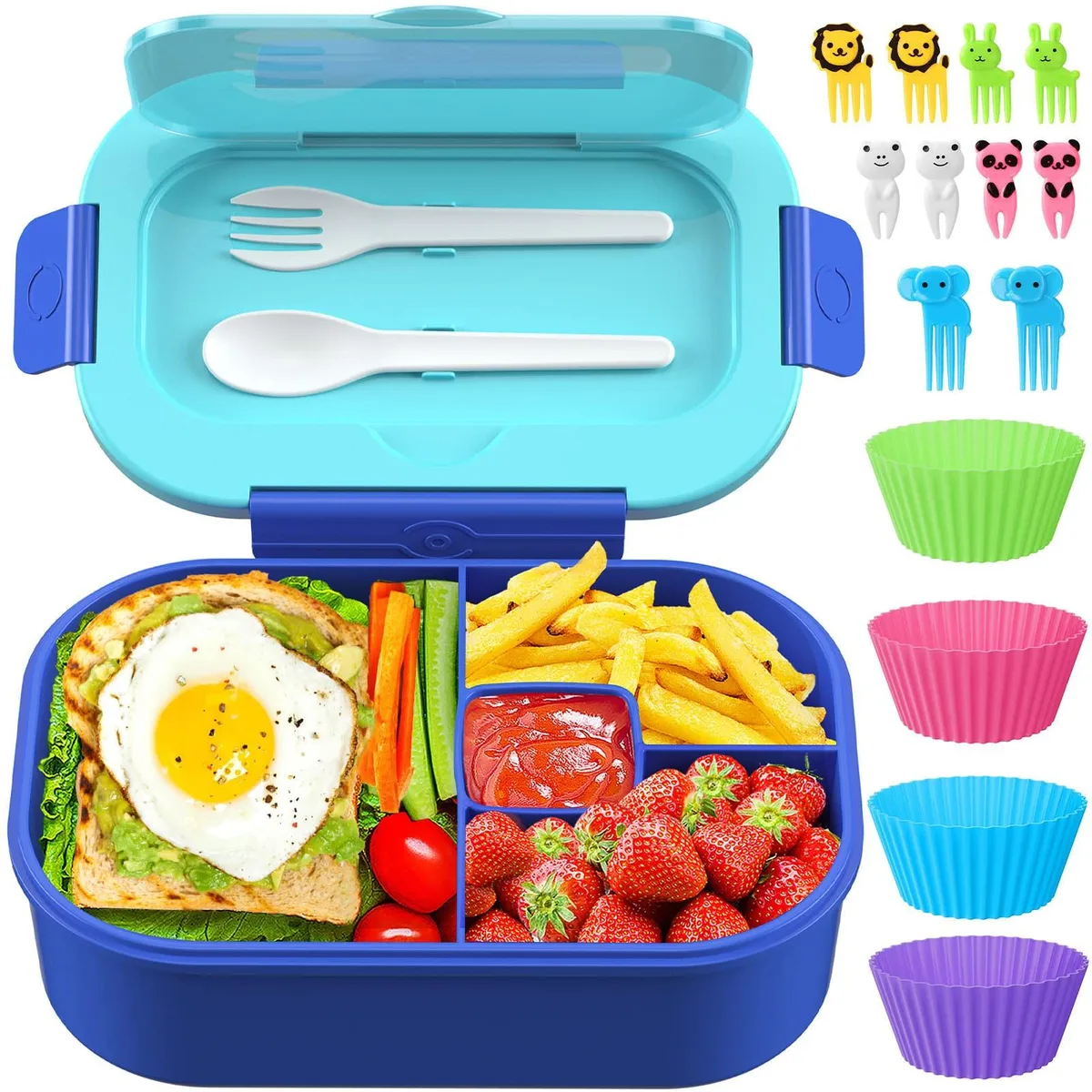 Blue rectangular bento lunch box with four compartments, solid colour, polypropylene